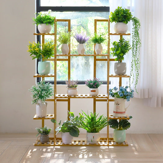 9 Tier Bamboo 17 Potted Plant Stand Rack Multiple Flower Pot Holder Shelf Indoor Indoor/Outdoor Planter Display Shelving Unit for Patio