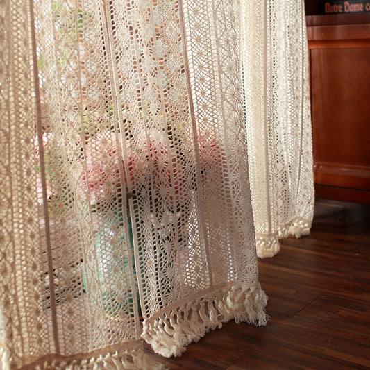 American Retro Crochet Hollow Curtain Ready Made Curtain For Living Room Bedroom Balcony Transtant Tulle Curtain AG555#4