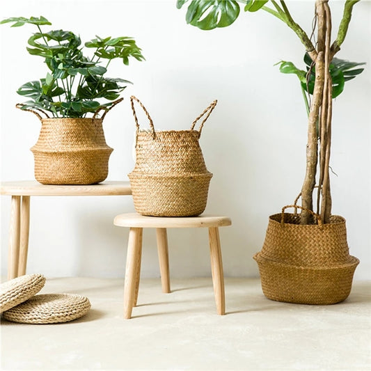 Folding Flower Pot Plant Straw Storage Seagrass Baskets Flower Vase Handmade Hanging Basket Flower Home Decor